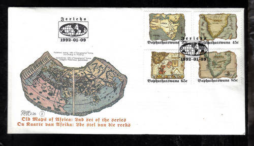 BOPHUTHATSWANA.OLD MAPS OF AFRICA. 2nd SET OF THE SERIES STAMPS. CARDS AND COVER. 1992.