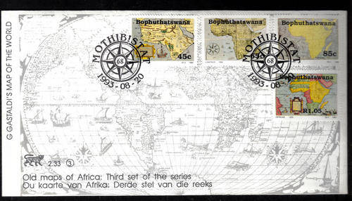 BOPHUTHATSWANA.OLD MAPS OF AFRICA. 3rd SET OF THE SERIES STAMPS. CARDS AND COVER. 1993.