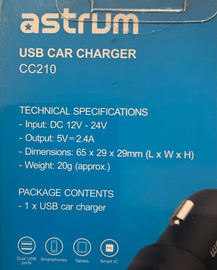 Astrum 2.4 A Dual USB Car Charger + Micro USB Cable - CC210 - Black