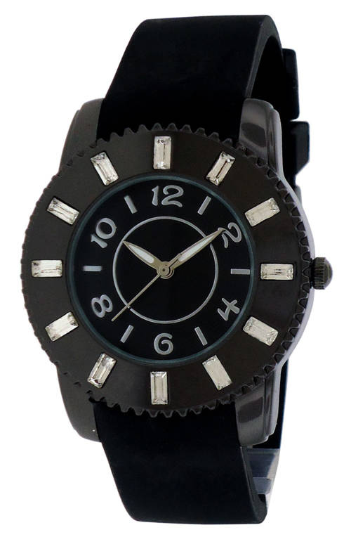 **NEW** FMD (By FOSSIL) Black Rubber Crystal Accented Ladies Quartz Dress Watch