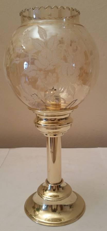 SOLID BRASS SPRING-LOADED CANDLE HOLDER & DELICATE GLASS SHADE WITH DETAILED EMBELLISHMENT