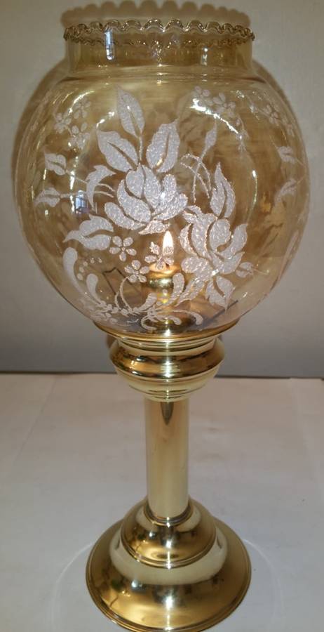 SOLID BRASS SPRING-LOADED CANDLE HOLDER & DELICATE GLASS SHADE WITH DETAILED EMBELLISHMENT
