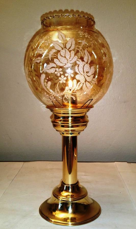 SOLID BRASS SPRING-LOADED CANDLE HOLDER & DELICATE GLASS SHADE WITH DETAILED EMBELLISHMENT