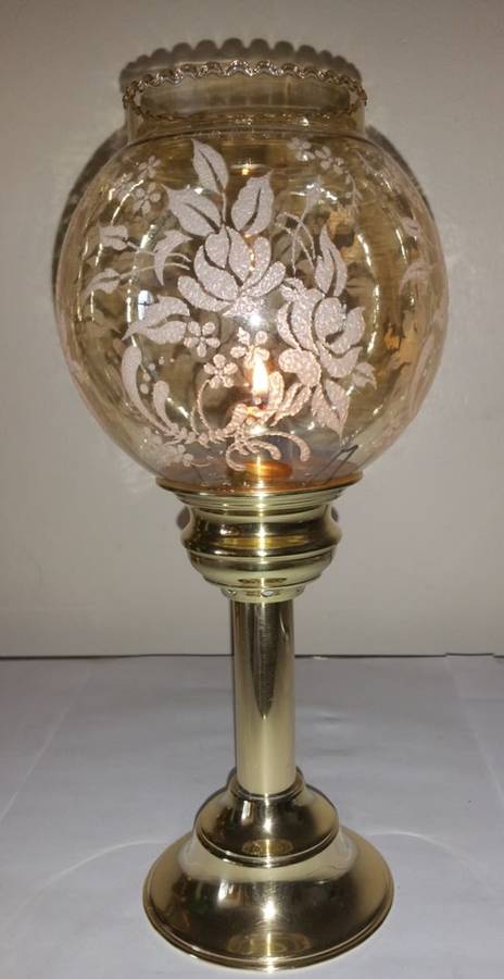 SOLID BRASS SPRING-LOADED CANDLE HOLDER & DELICATE GLASS SHADE WITH DETAILED EMBELLISHMENT