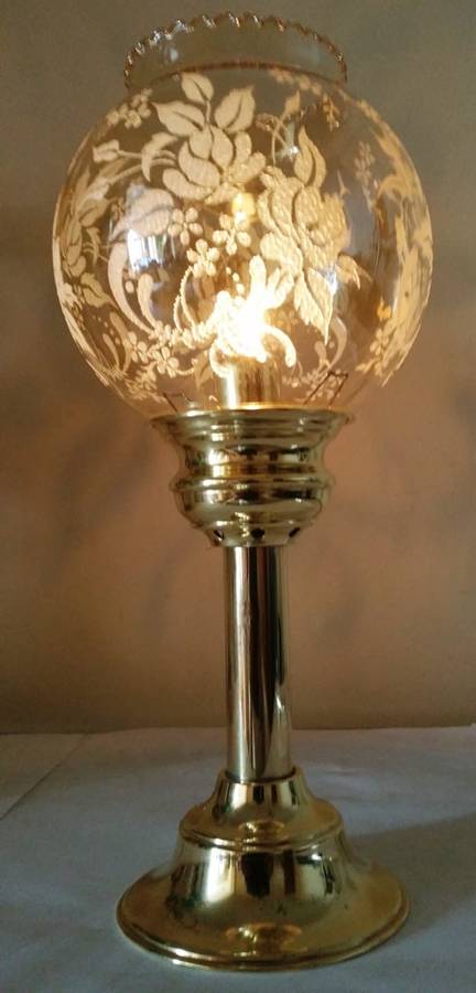 SOLID BRASS SPRING-LOADED CANDLE HOLDER & DELICATE GLASS SHADE WITH DETAILED EMBELLISHMENT