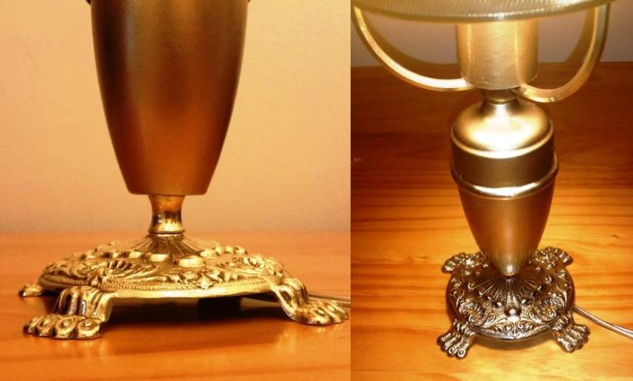 BRASS AND GILT TABLE LAMP WITH STUDENT SHADE