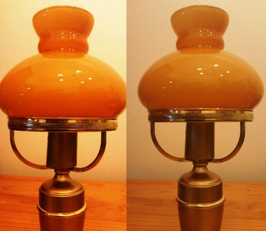 BRASS AND GILT TABLE LAMP WITH STUDENT SHADE
