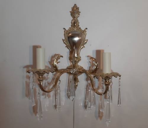 WALL SCONCE ~ BRASS, CLEAR CRYSTAL PENDANTS AND CANDLE SLEEVES