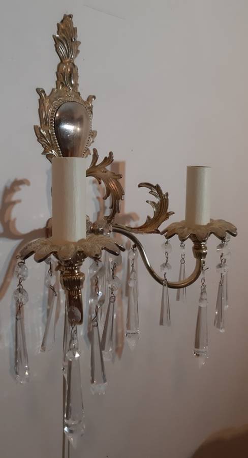 WALL SCONCE ~ BRASS, CLEAR CRYSTAL PENDANTS AND CANDLE SLEEVES