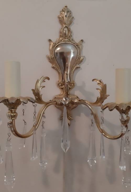 WALL SCONCE ~ BRASS, CLEAR CRYSTAL PENDANTS AND CANDLE SLEEVES