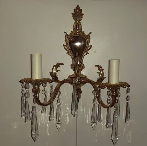 WALL SCONCE ~ BRASS, CLEAR CRYSTAL PENDANTS AND CANDLE SLEEVES