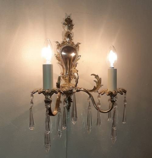 WALL SCONCE ~ BRASS, CLEAR CRYSTAL PENDANTS AND CANDLE SLEEVES