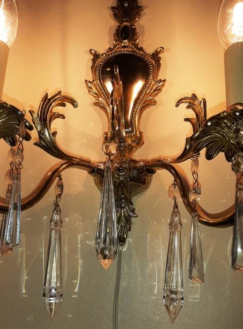 WALL SCONCE ~ BRASS, CLEAR CRYSTAL PENDANTS AND CANDLE SLEEVES