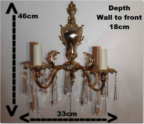 WALL SCONCE ~ BRASS, CLEAR CRYSTAL PENDANTS AND CANDLE SLEEVES