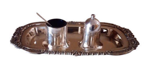 CRUET SET: SILVER PLATED SALT & PEPPER CONTAINERS ON TRAY