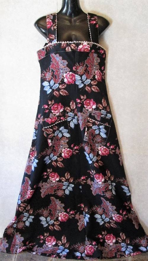 c1970's Vintage Black Patterned Thick Polyester Full Length Dress - Size 34 (Chest 88cm)