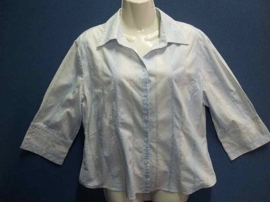 Stripy Blue & White Embroidered Stretch Cotton Three Quarter Sleeve Shirt - Size 38