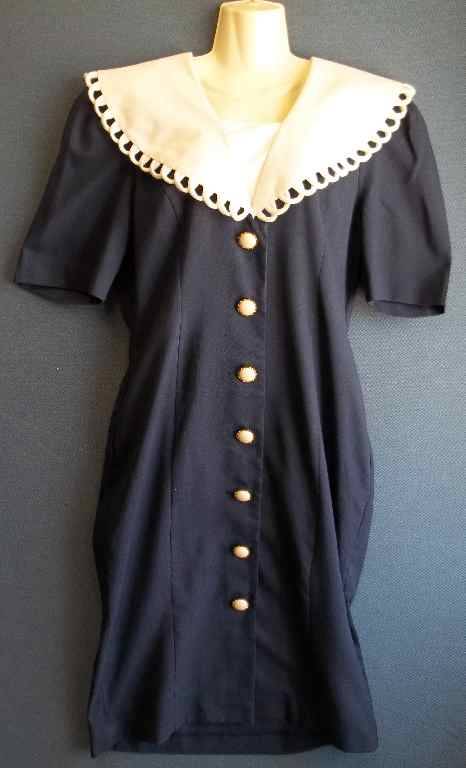 c1980's Navy & White Polester/Rayon Dress - Size 38