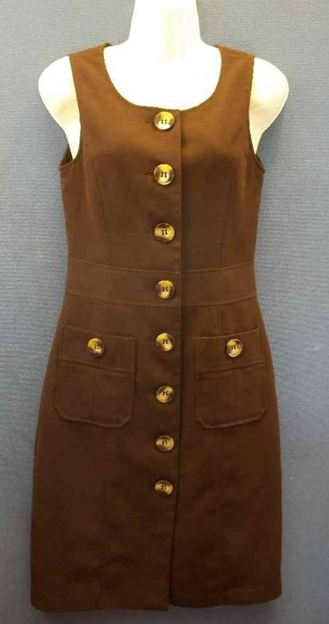 Fully Lined Brown Work Wear Dress With Button Detail - Size 32 (Chest 80cm, Waist 70cm, Hip 88cm)