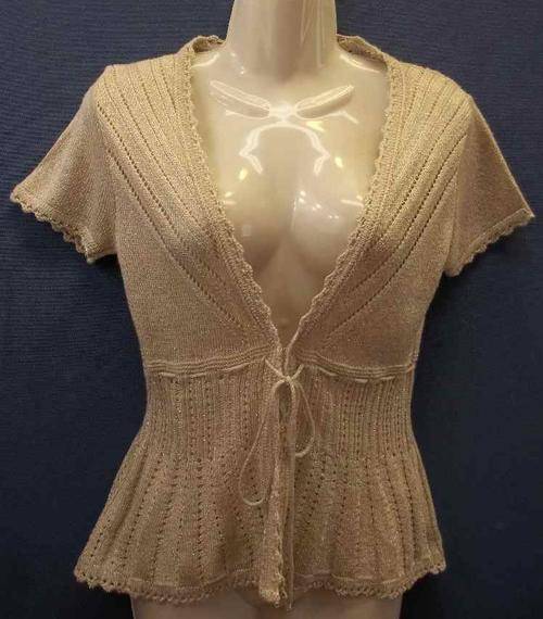 Pale Beige/Gold + Silver Thread Knit Top With Waist Tie Detail - Size S * Quality Brand