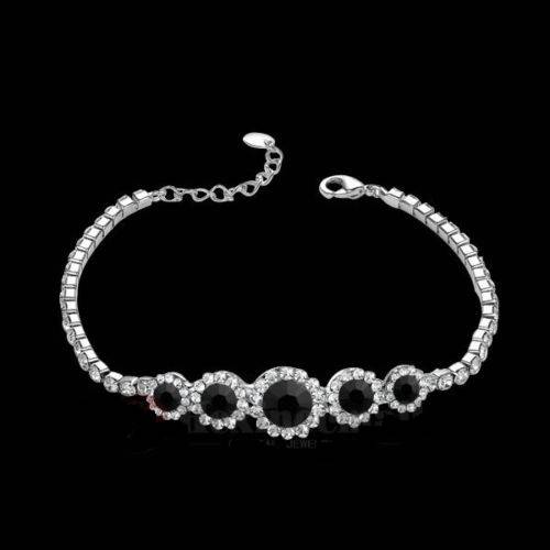 Stunning!!!-Swaroski-Crystal-Black-Onyx-Stone-Bracelet-Chain-18K-White-7inch-Tennis Bracelet