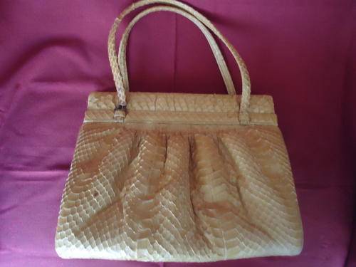 Vintage 60's LORENA TAN SNAKE-SKIN HANDBAG with GREY LEATHER LINING IN VERY GOOD CONDITION