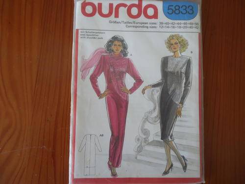 BURDA PATTERN 5833 SIZE 12+14 + 16 + 18 + 20 +40 + 42- COMPLETE AND UNCUT IN SEALED PLASTIC PACKET