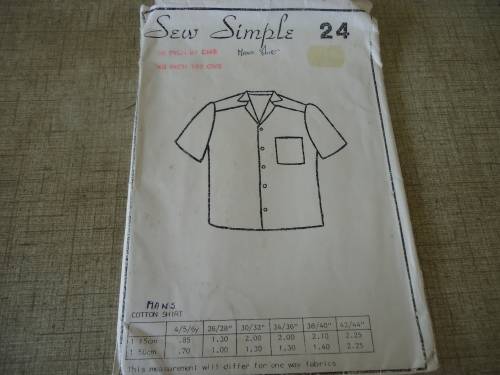 SEW SIMPLE PATTERNS   -NO 24 MEN'S COTTON SHIRT 38" OR 97 CM  - 40" OR 102 cm