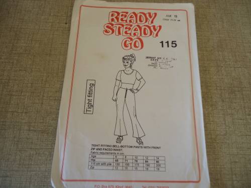 READY-STEADY-GO PATTERN-NUMBER 115 TIGHT FITTING BELL-BOTTOM PANTS WITH FRONT ZIP+FACED WAIST AGE12