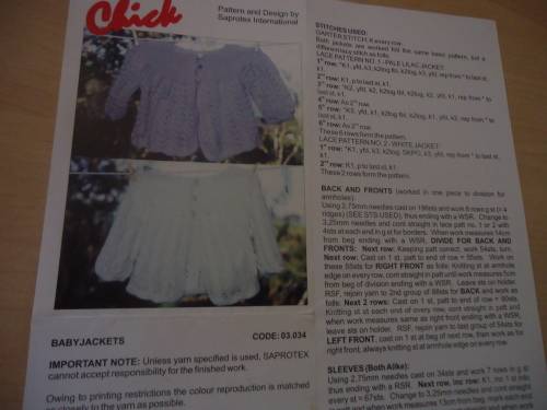 CHICK #03,034  BABY JACKETS TO FIT AGES 3 - 6 MONTHS