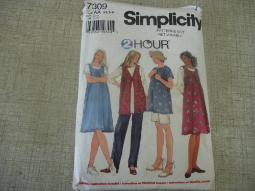 SIMPLICITY PATTERNS 7309  MATERNITY SIZE AA  EXTRA SMALL, SMALL & MEDIUM  COMPLETE