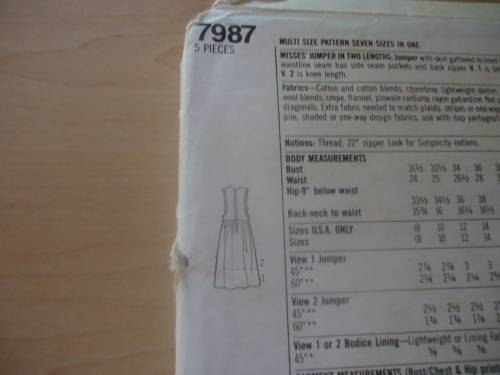 SIMPLICITY PATTERNS 7987 PINAFORE DRESS SIZE A = 8 - 20 COMPLETE