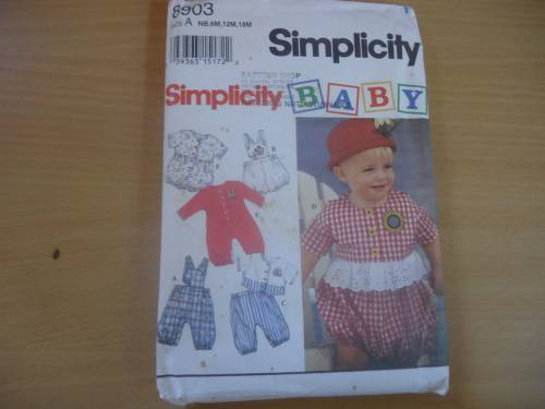 SIMPLICITY PATTERNS 8903 BABIES ROMPERS. PANTS & TOPS  SIZE NB, 6M, 12M, 18M COMPLETE &  UNCUT