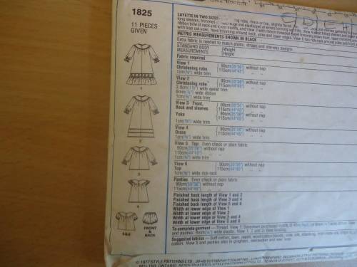 STYLE PATTERNS 1825 -BABY LAYETTE SIZE NEW BORN 3 - 6 KGS  - MISSING INSTRUCTIONS