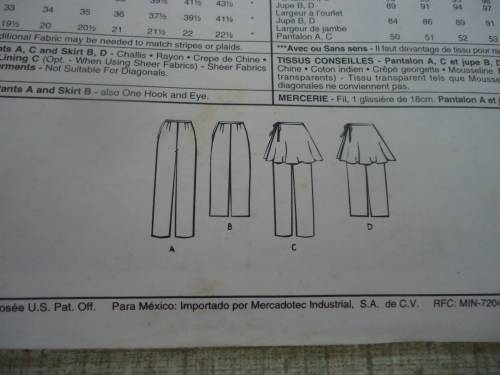 McCALL'S PATTERN  - 7449  LOOSE FITTING PANTS & SKIRT SIZE C =10 + 12 + 14 COMPLETE & UNCUT