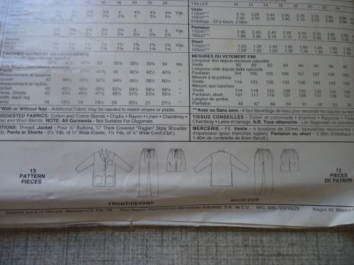 McCALL'S PATTERN 8029 UNLINED JACKET + PULL ON SHORTS & PANTS SIZE B = 18 + 20 + 22 COMPLETE