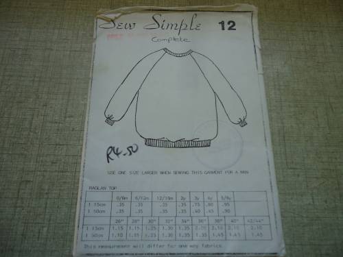 SEW SIMPLE PATTERNS #12  RAGLAN  TOP SIZE  36"/ 92 CM