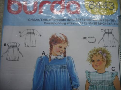 BURDA PATTERNS 6443 GIRL'S SMOCK DRESS SIZES 6 M, 12 M, 18 M, 2 + 3 + 3/4 + 4 YRS COMPLETE