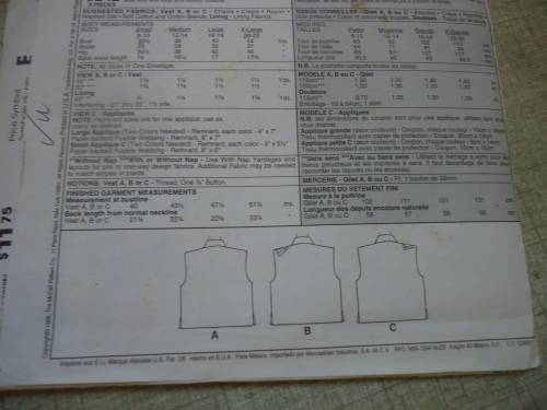 McCALLS PATTERNS 9242  WAISTCOAT 3 STYLES ALL SIZES 8 - 22 COMPLETE & UNCUT
