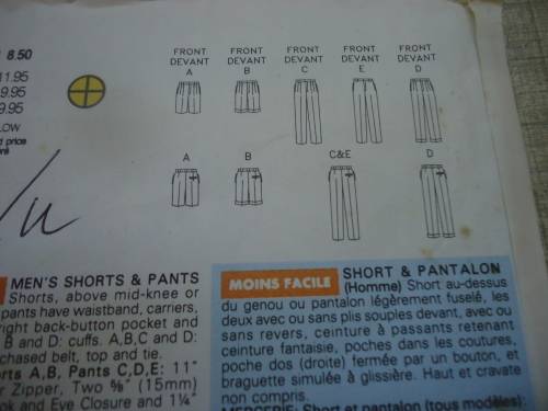 BUTTERICK PATTERN 5123 MEN'S SHORTS & PANTS  SIZE XS; S, M ( 24 - 34" WAIST)  -COMPLETE & UNCUT