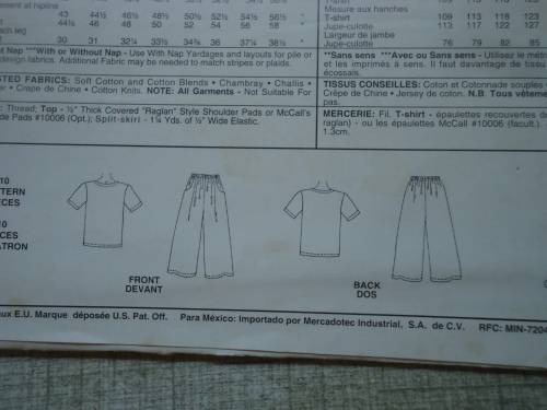 McCALL'S PATTERNS 5919 TOP & SPLIT SKIRT (CULOTTES)  SIZE B = 18 + 20 + 22 + 24 COMPLETE & UNCUT