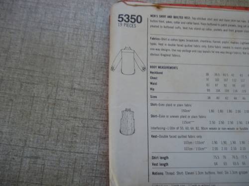 SIMPLICITY PATTERNS 5350 MEN'S SHIRT & SLEEVELESS JACKET  SIZE 38 CM - COMPLETE & UNCUT