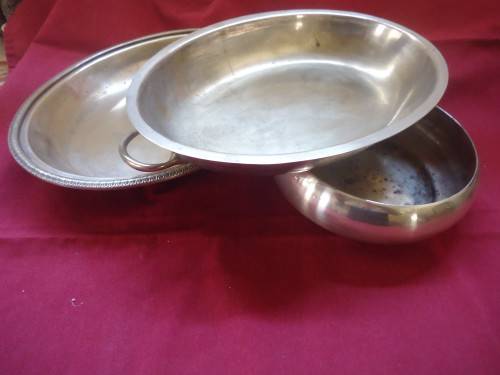 THREE SILVER PLATE SERVING BOWLS OR DISHES