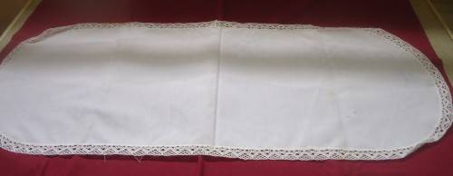 RECTANGULAR TABLE RUNNER WITH ROUNDED ENDS & LACE EDGE-READY TO BE EMBROIDERED  -80 CM L X 30 CM W