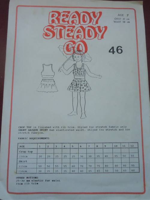 READY-STEADY-GO PATTERN - NUMBER 46 - CROP TOP & SHORT BASQUE SKIRT- AGES  7 CHEST 61 CM WAIST 58 CM