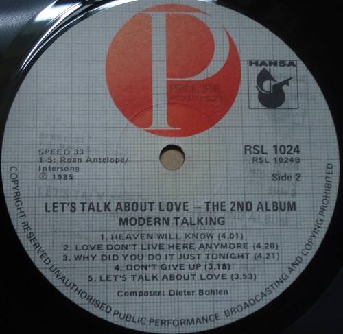 MODERN TALKING -THE 2ND  ALBUM LET'S TALK ABOUT LOVE-1985 PRINCIPAL VINYL LP RSL 1024
