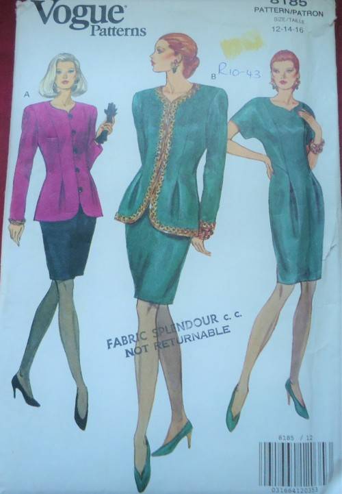 VOGUE PATTERN 8185  STUNNING JACKET &  DRESS SIZE 12 + 14 + 16 COMPLETE & UNCUT