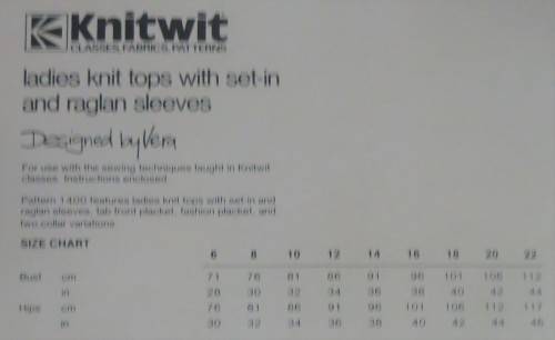 KNITWIT PATTERNS 1400 `LADIES KNIT TOPS WITH SET-IN & RAGLAN SLEEVES` SIZES 6 - 22