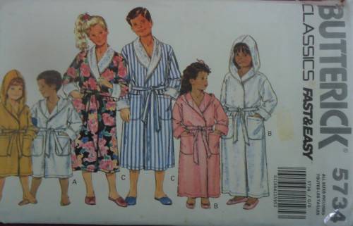 BUTTERICK PATTERN 5734 KIDS HOODED ROBE & ROBE ONE SIZE 4-6-7-8-10-12-14 YEARS COMPLETE & UNCUT
