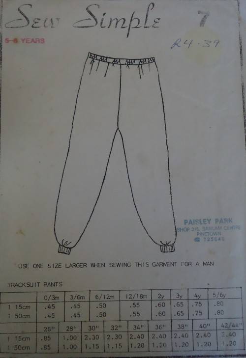 SEW SIMPLE PATTERNS # 7  TRACKSUIT PANTS  SIZE 40 OR 102 CM